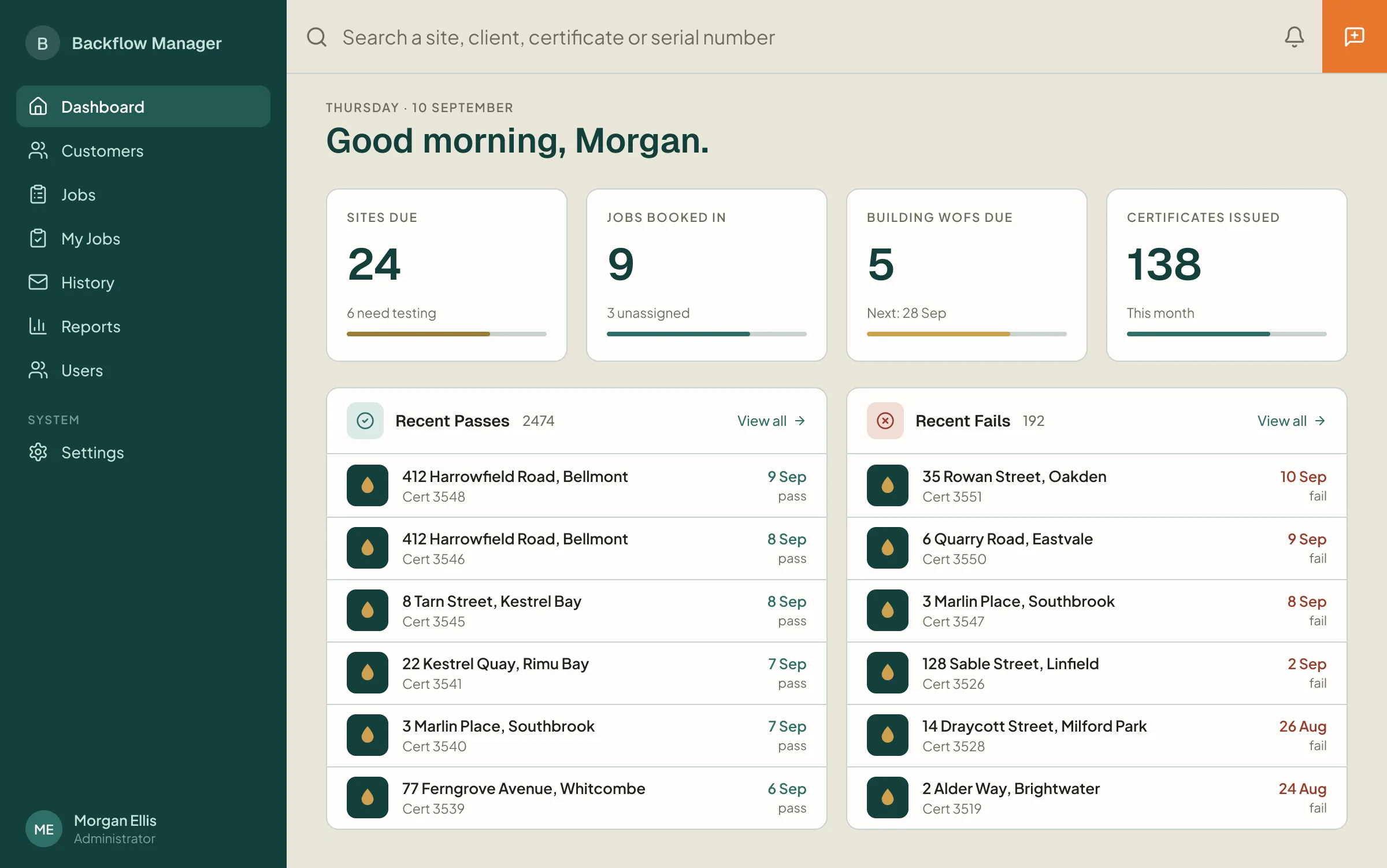 Backflow Manager dashboard showing sites due, jobs booked and recent test results