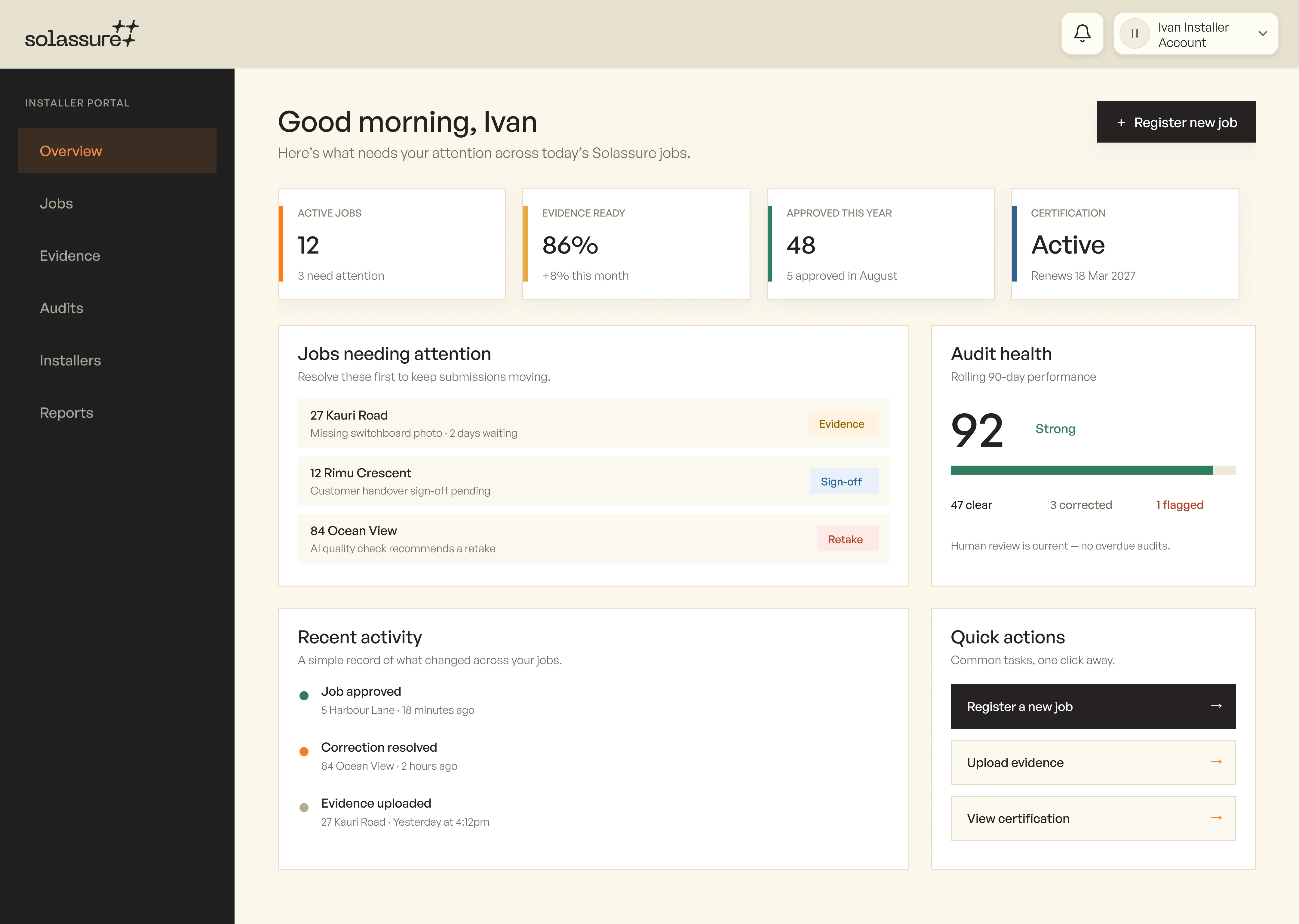 Solassure installer portal overview showing jobs, evidence and audit health
